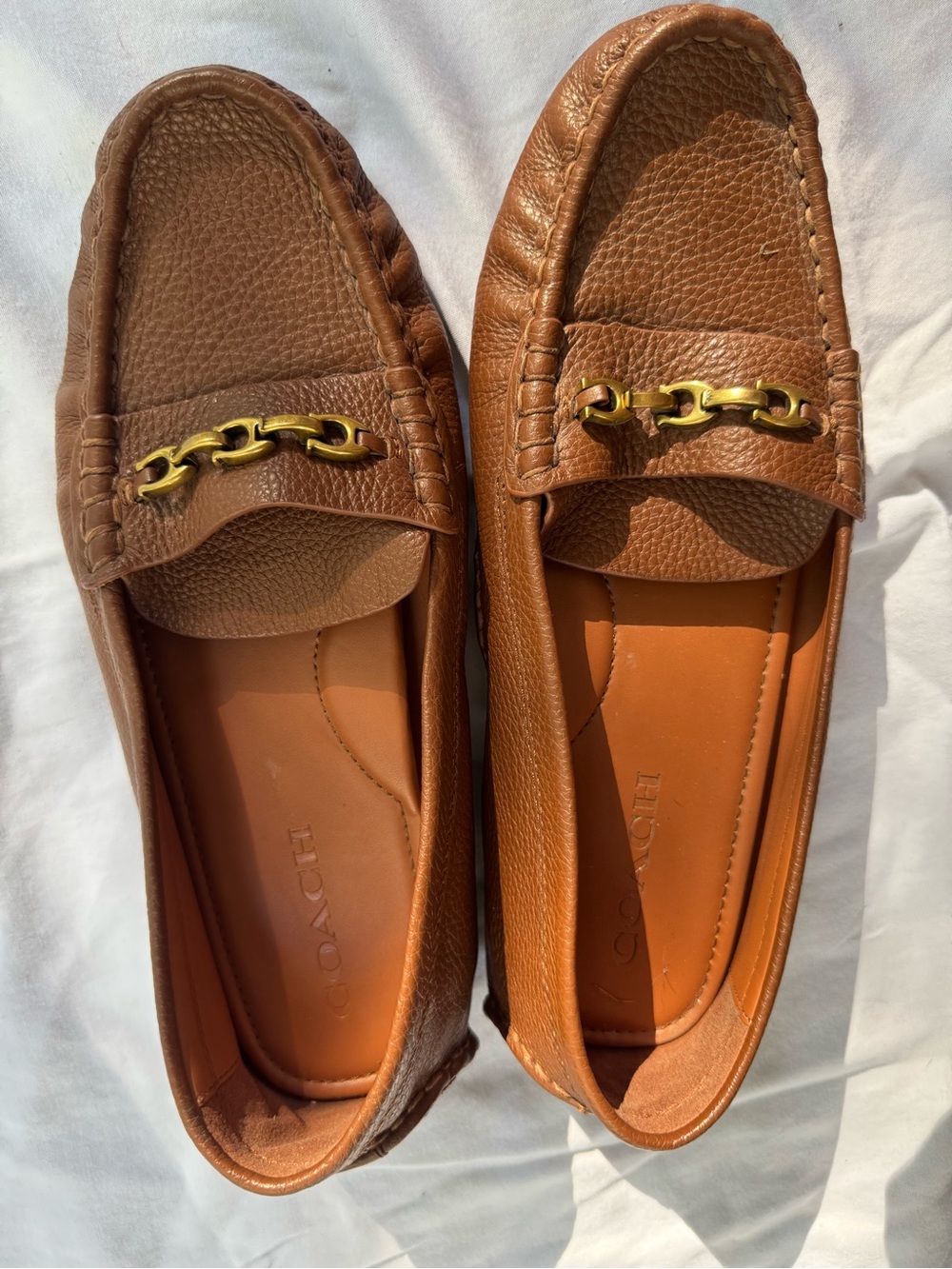Coach Tan Brown Leather Chain-Trim Men's Loafers